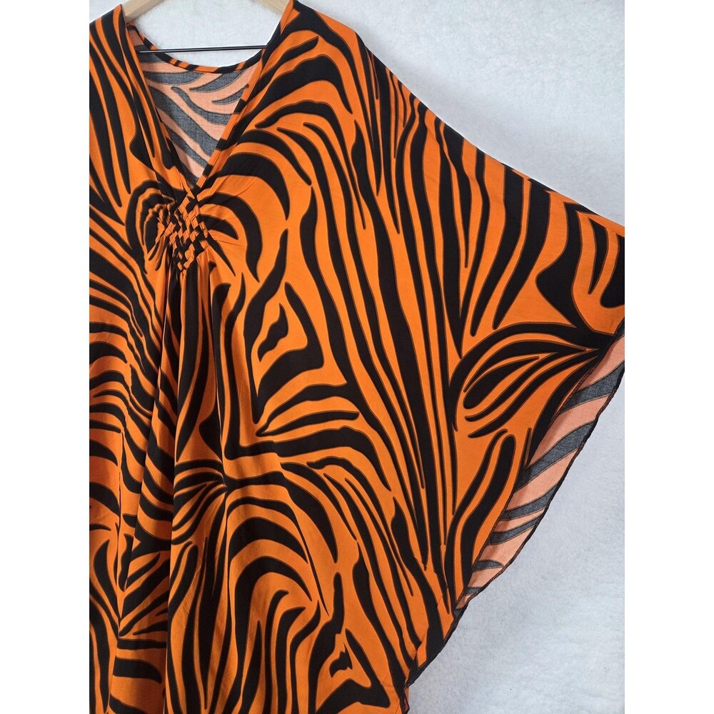 Womens Tiger Print Kaftan Maxi Dress OS Orange V‎ Neck Kimono Sleeve Resort NWOT